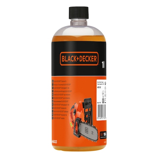 A 1 liter bottle of BLACK+DECKER chainsaw oil with a black screw cap, featuring an orange and black label with the BLACK+DECKER logo and an image of a chainsaw on the front.