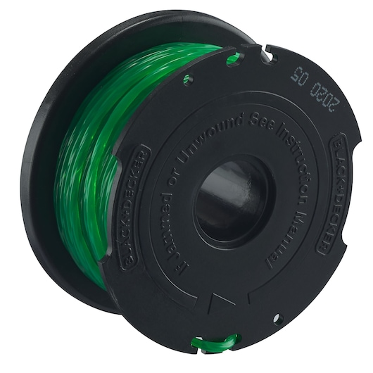 A BLACK+DECKER spool of green trimmer line housed in a black plastic casing, designed for string trimmers.