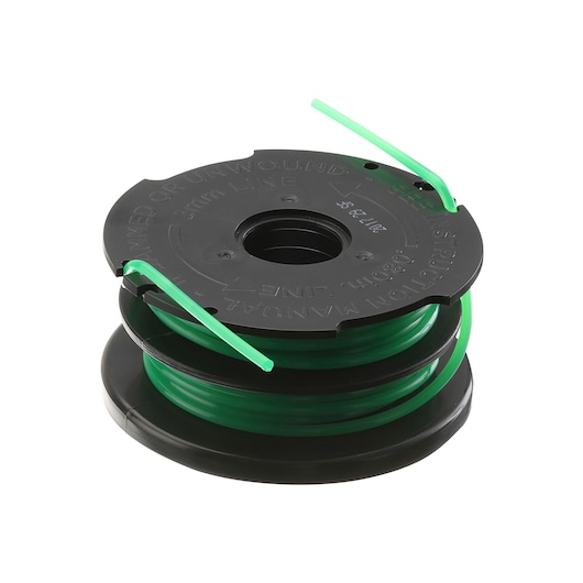 A BLACK+DECKER replacement spool with green trimmer line for garden lawn trimmers. The spool is black with green line wound around it, designed for easy installation in compatible trimming devices.
