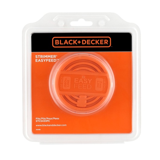 BLACK+DECKER A6496 trimmer spool in orange, EasyFeed replacement line packaged in plastic clamshell, front view.
