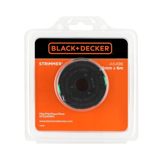BLACK+DECKER A6496 strimmer spool 2mm x 6m in clear blister packaging, front angle on white background.