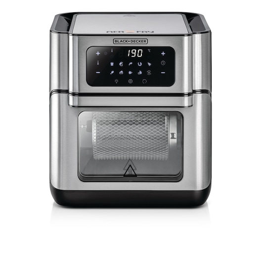 Front view of a BLACK+DECKER air fryer oven with a digital control panel and transparent window showing a rotating basket inside. The appliance has a modern stainless steel design.