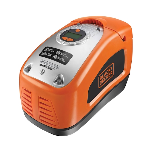 A BLACK+DECKER AirStation portable air compressor, orange with black and silver details, featuring a digital display and control buttons on top.