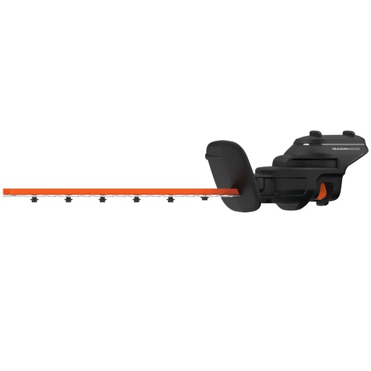 Side view of a BLACK+DECKER hedge trimmer attachment for a multi-tool system. The attachment features an orange cutting blade with black housing and mounting components.