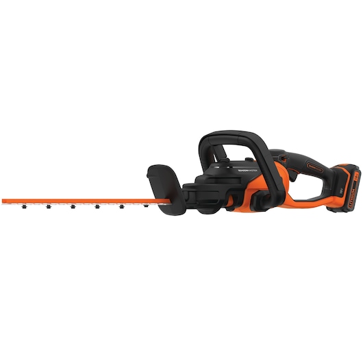 A BLACK+DECKER cordless hedge trimmer with an orange and black design, featuring a long blade, ergonomic handle, and battery pack.