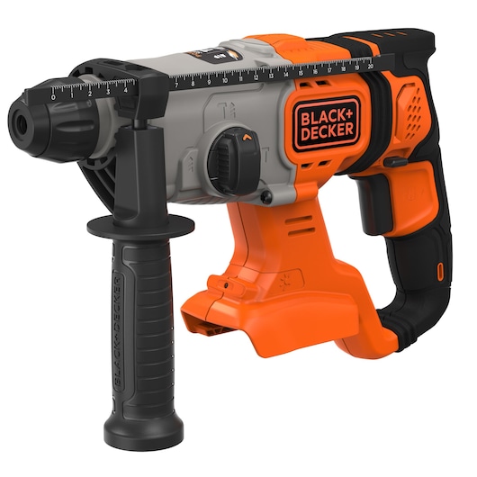 Cordless rotary hammer drill in orange and black colors with a side handle and depth gauge, branded BLACK+DECKER.
