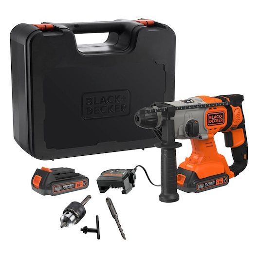 BLACK+DECKER cordless hammer drill set with carrying case, battery, charger, chuck key, and drill bits.
