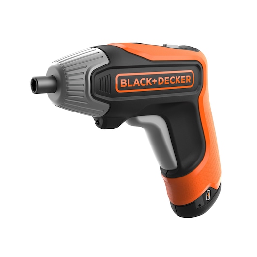 A BLACK+DECKER cordless electric screwdriver with a black, orange, and gray ergonomic handle, shown on a white background.