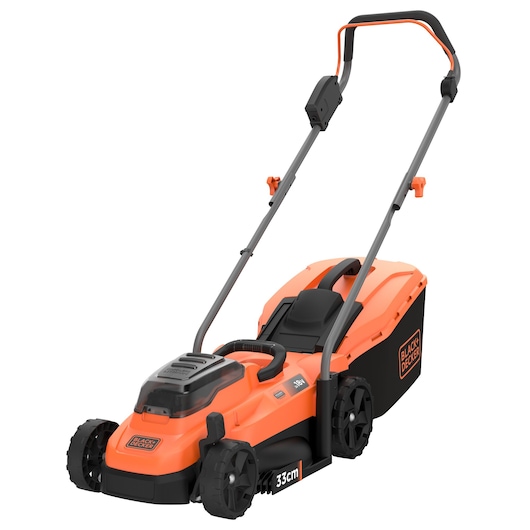 A BLACK+DECKER orange and black cordless lawn mower with a grass collection box and a handle for pushing. The mower has four wheels and is designed for home garden use.