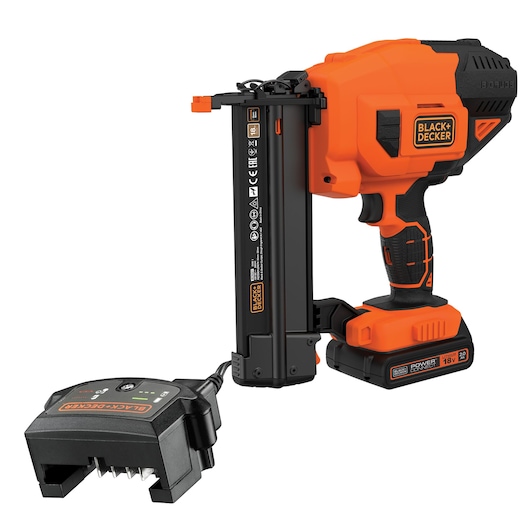 A BLACK+DECKER cordless nail gun with an 18V lithium battery and a charging unit. The tool is mostly orange and black with branding visible on both the battery and the main body.