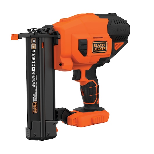 A BLACK+DECKER cordless nail gun with an orange and black design, shown isolated on a white background.