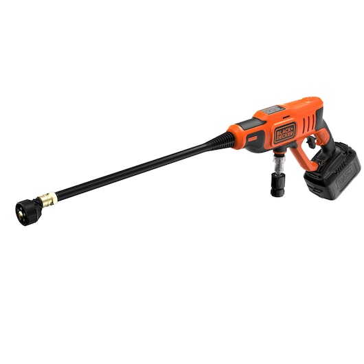 A BLACK+DECKER cordless pressure washer with an extended nozzle and a black and orange handle, shown on a white background.