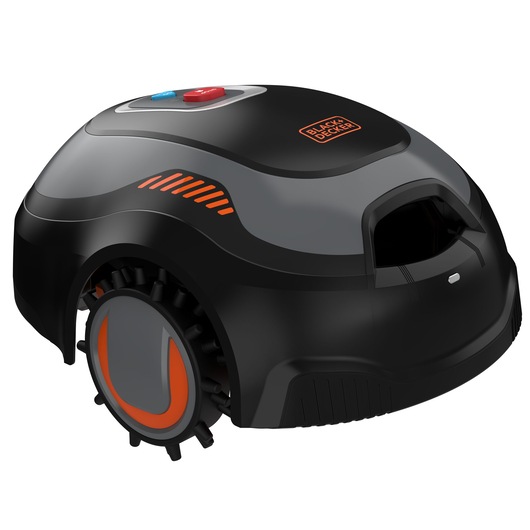 A BLACK+DECKER robotic lawn mower, model BCRMW122, in black and grey with orange accents and two control buttons on top.