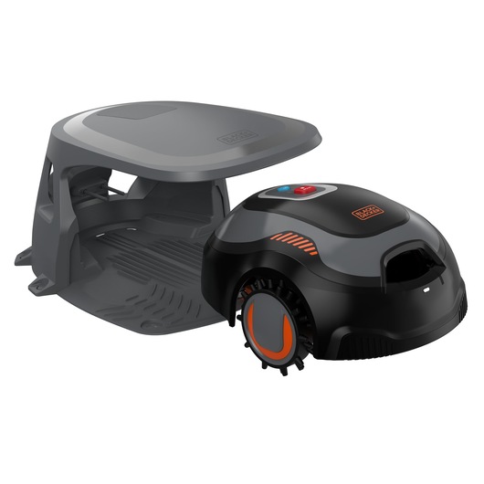 BLACK+DECKER robotic lawn mower with a protective cover, shown in black and grey with orange details, designed for automatic grass cutting.