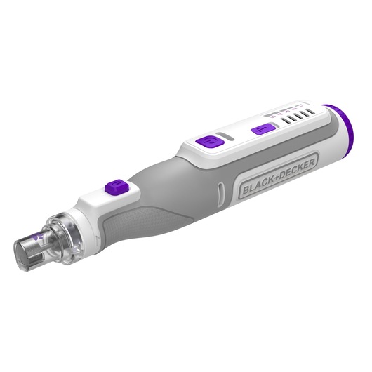 A BLACK+DECKER branded electronic pet grooming tool with a grey and white body and purple buttons, designed for trimming and care. The tool is cylindrical with various controls and a transparent end for precision.