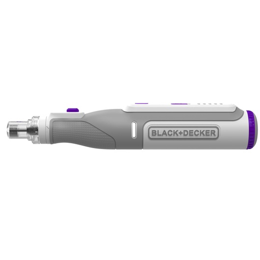 A BLACK+DECKER branded electric pet nail grinder, shown in a side profile view. The tool is predominantly grey and white with purple accents, featuring a textured grip and a transparent safety cap on the grinding end.