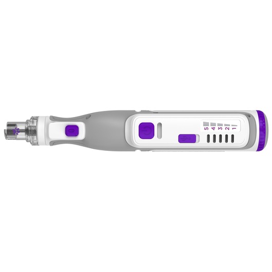 A close-up image of a BLACK+DECKER pet nail grinder tool with purple accents, displaying its ergonomic handle, control buttons, and speed indicator.
