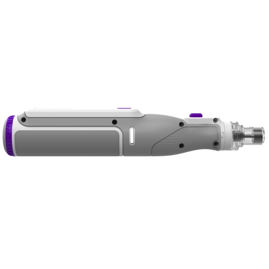 A side view of a BLACK+DECKER precision electric tool with a grey, white, and purple design. The tool has a cylindrical shape with a detailed grip and a metallic end for attachments.