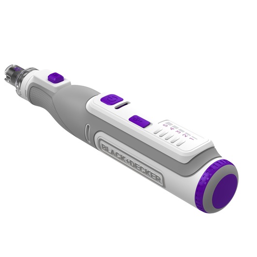 A BLACK+DECKER electronic pen-shaped device with a grey and white body featuring purple buttons and accents, designed for pet grooming or maintenance.