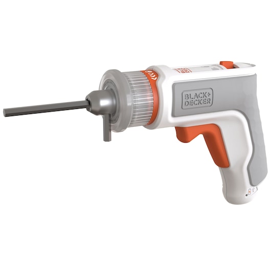 A BLACK+DECKER toy power drill with a white, gray, and orange handle, featuring a metal key inserted into the chuck and the BLACK+DECKER logo on the side.