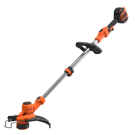 A BLACK+DECKER cordless grass trimmer with an orange and black design, featuring a long metal shaft, handle, and cutting head.