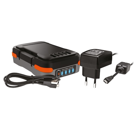 A BLACK+DECKER battery charger with indicator lights, a European plug power adapter, and a USB cable. The charger has a black and orange design and is shown on a white background.