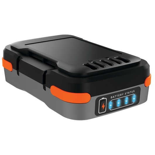 A BLACK+DECKER battery pack with LED indicators, showing battery status. The battery has a black and gray casing with orange accents.