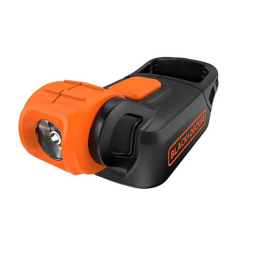 A BLACK+DECKER branded black and orange handheld flashlight, featuring a compact design with an orange front section housing the lens and a black body with ergonomic grip.