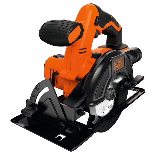 A BLACK+DECKER orange and black cordless circular saw with ergonomic handle and adjustable base, model BDCCS18.