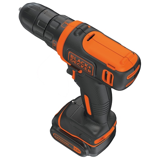 A BLACK+DECKER cordless power drill with a black and orange design, featuring a lithium battery and an ergonomic handle.