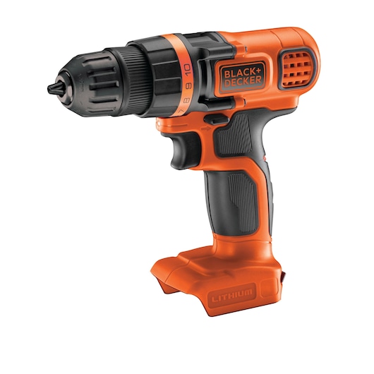 A BLACK+DECKER cordless drill without a battery, featuring a black and orange design with a visible keyless chuck and ergonomic handle.