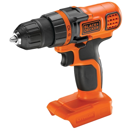 A BLACK+DECKER cordless drill driver with an orange and black design, featuring a keyless chuck and lithium battery compartment, shown without the battery attached.