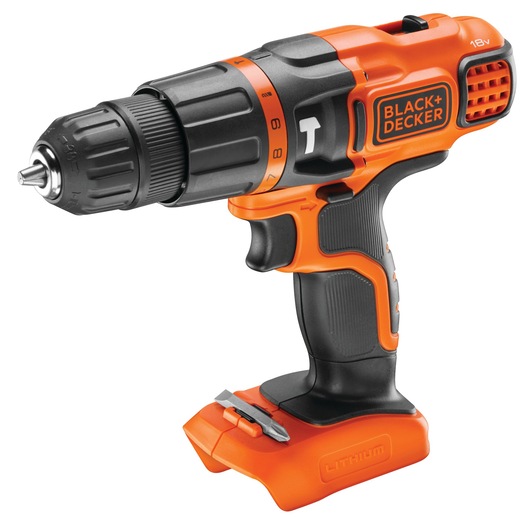 A BLACK+DECKER cordless drill with an orange and black design. The drill features a labeled torque adjustment ring, ergonomic grip, and lithium battery base.