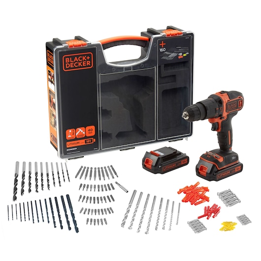 BLACK+DECKER cordless drill set with 18V lithium-ion batteries, carrying case, drill bits, screwdriver bits, wall plugs, and other accessories shown arranged neatly.