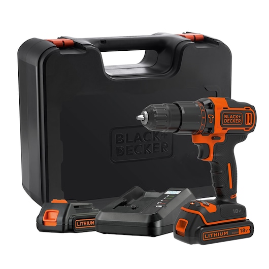 A BLACK+DECKER cordless drill set, including an orange and black 18V drill, two lithium batteries, a battery charger, and a black carrying case.