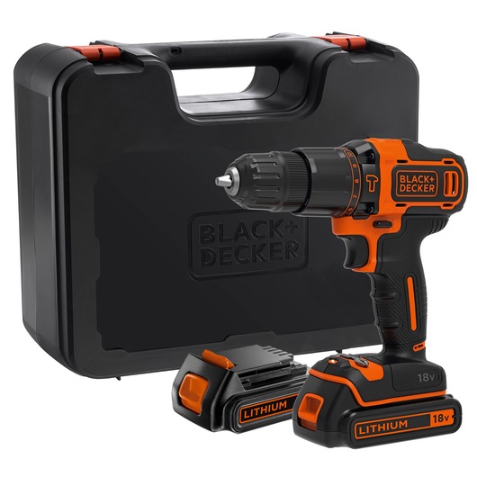 A BLACK+DECKER cordless drill set including a black and orange 18V lithium-ion drill, two battery packs, and a hard plastic carrying case.