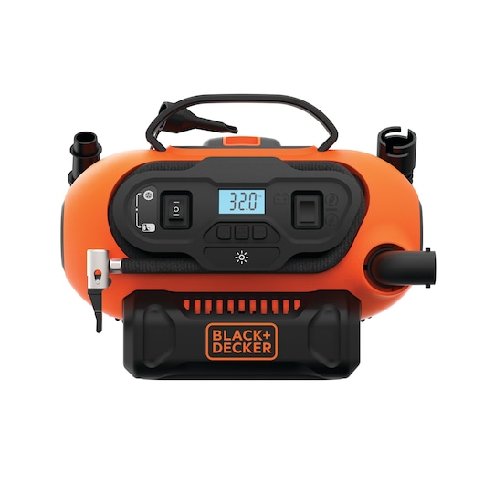 Front view of a BLACK+DECKER portable air compressor with an orange and black design, displaying a digital screen showing 32.0 PSI and various control buttons.