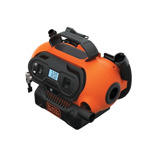 A BLACK+DECKER portable air compressor in orange and black, featuring a digital display, control panel, handle, and hose attachments.