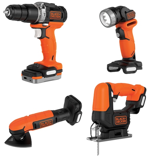 Four BLACK+DECKER power tools are shown: a cordless drill, a cordless work light, a cordless multi-tool, and a cordless jigsaw. Each tool features a distinctive orange and black color scheme.