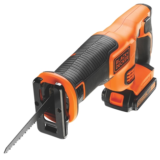 A cordless reciprocating saw with a BLACK+DECKER logo, featuring an orange and black design and a visible lithium battery.