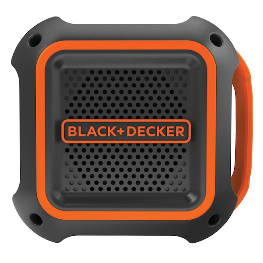 A close-up image of a BLACK+DECKER portable device with a rugged black and orange square design, perforated front panel, and the BLACK+DECKER logo in the center.