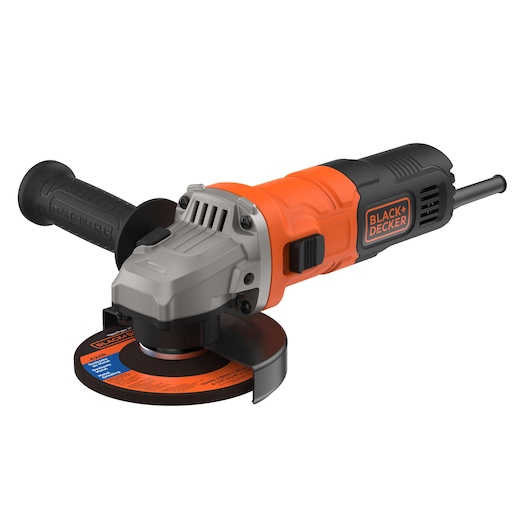 A BLACK+DECKER electric angle grinder with an orange and black body, a side handle, and a protective guard around the grinding disc.