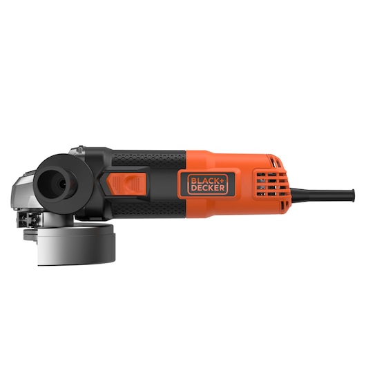 A BLACK+DECKER electric angle grinder with an orange and black body, showing the brand logo and a side view of the tool.