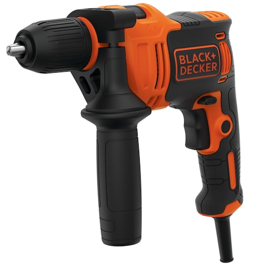 A close-up view of a BLACK+DECKER BEH550 electric drill with an auxiliary handle, featuring an orange and black color design.