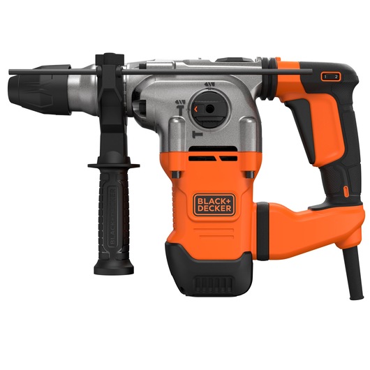 A BLACK+DECKER electric rotary hammer drill with an orange and black body, side handle, and trigger grip, designed for heavy-duty drilling and chiseling.