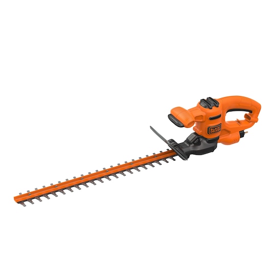 An electric orange and black hedge trimmer from BLACK+DECKER, model BEHT251, featuring a long blade and ergonomic handle.