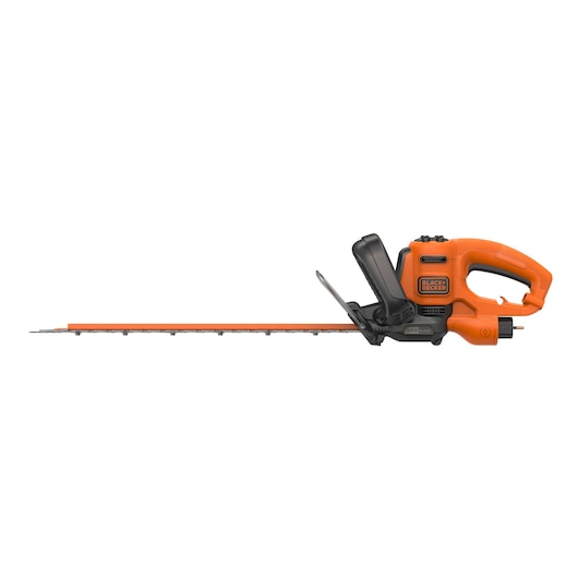 Side view of a BLACK+DECKER electric hedge trimmer with an orange and black body, featuring a long blade and ergonomic handle.