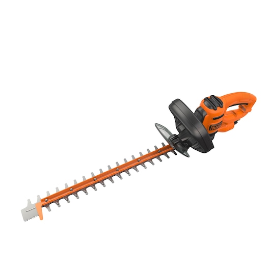 An orange and black BLACK+DECKER electric hedge trimmer with a long metal blade and ergonomic handle, shown against a white background.