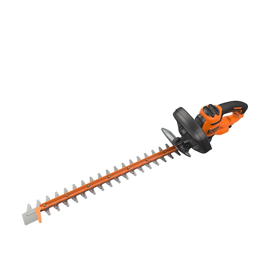 A BLACK+DECKER electric hedge trimmer with an orange and black handle, featuring a long blade with dual-action teeth, set against a white background.