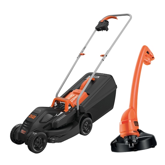 A BLACK+DECKER set featuring an electric lawn mower and a grass trimmer. Both tools are black and orange, with the mower having a large grass collection box and the trimmer with a curved handle.